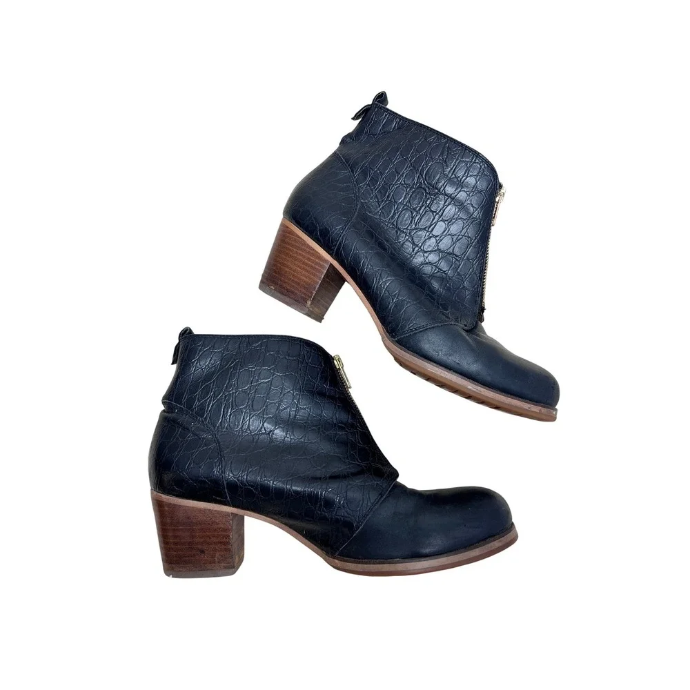 Yellow Shoes Ankle Boots Women 10 Black Good‎ Croc Embossed Front Zip Block Heel